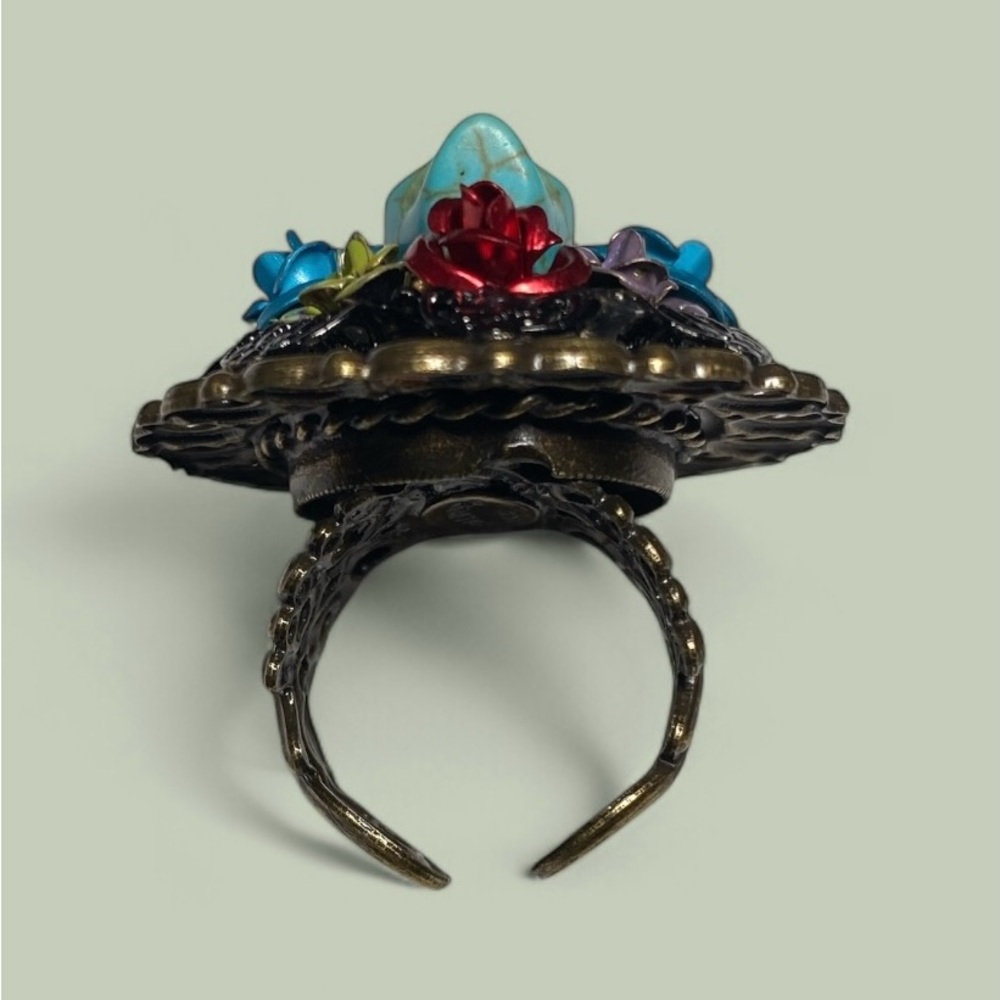 Vintage Ollipop USA Signed Dia de Los Muertos Filigree Brass Ring - Picture 8 of 10